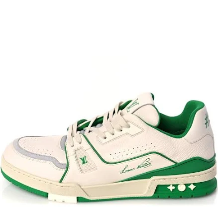 Louis Vuitton Grained Calfskin Script Mens LV Trainer Sneakers 10 Green