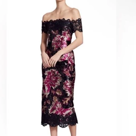 Marchesa Notte Women's Off-The-Shoulder Sequin Midi Dress
