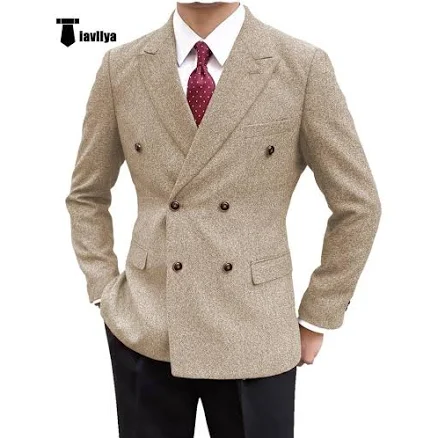 Men's Casual Tweed Double Breasted Peak Lapel Blazer