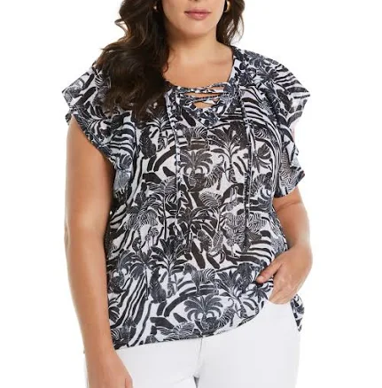 ELLA Rafaella Women's Plus Size Lace-Up Flutter Sleeve Top