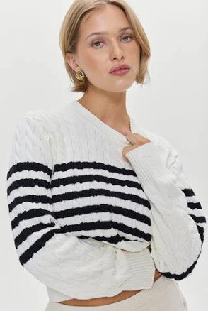 Frankies Bikinis Varsity Striped Cable Knit Sweater