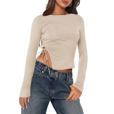 Women's Relaxed Fit Long Sleeve Crewneck Tie Front T-Shirt