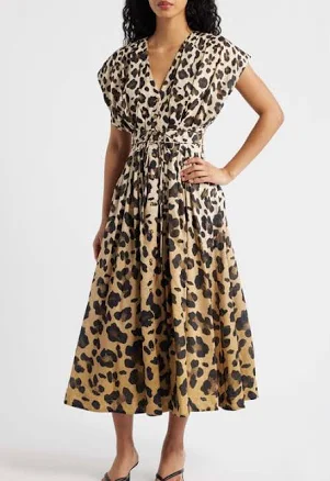 FREEMARKET Women's Leopard Print Midi Shirtdress