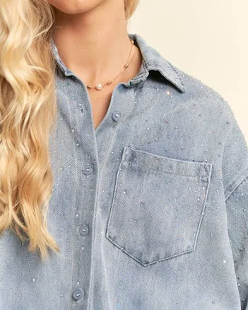 The Velvet Angel Rhinestoned Micro Rhinestone Denim Shacket