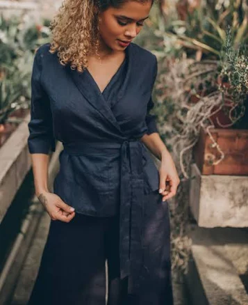 Women's Elegant Linen Shall Collar Wrap Shirt
