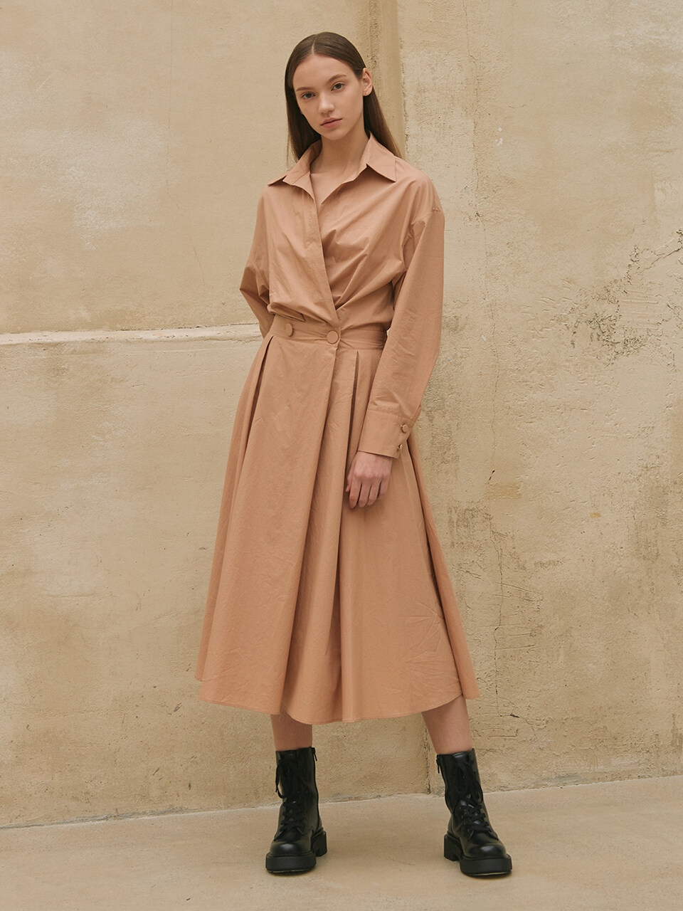 Shirt Collar Flared Long Dress