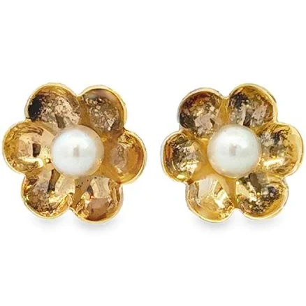 14K Yellow Gold Pearl Flower Earrings