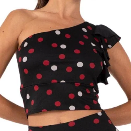 Tango Dance One Shoulder Polka Dot Crop Top with Ruffles