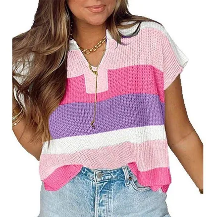 Women's Color-Block Short-Sleeve Sweater U-Neck Casual Knit Top, Size: Medium, Pink
