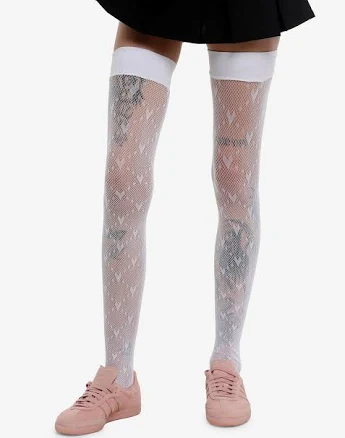 White Heart Fishnet Thigh Highs