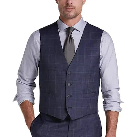 Calvin Klein Slim Fit Wool Blend Windowpane Suit Vest in Navy Plaid – Men’s Medium Formal Dress Vest for Suits and Weddings