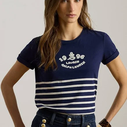 Ralph Lauren Women's Striped Embroidered-Logo Jersey Tee