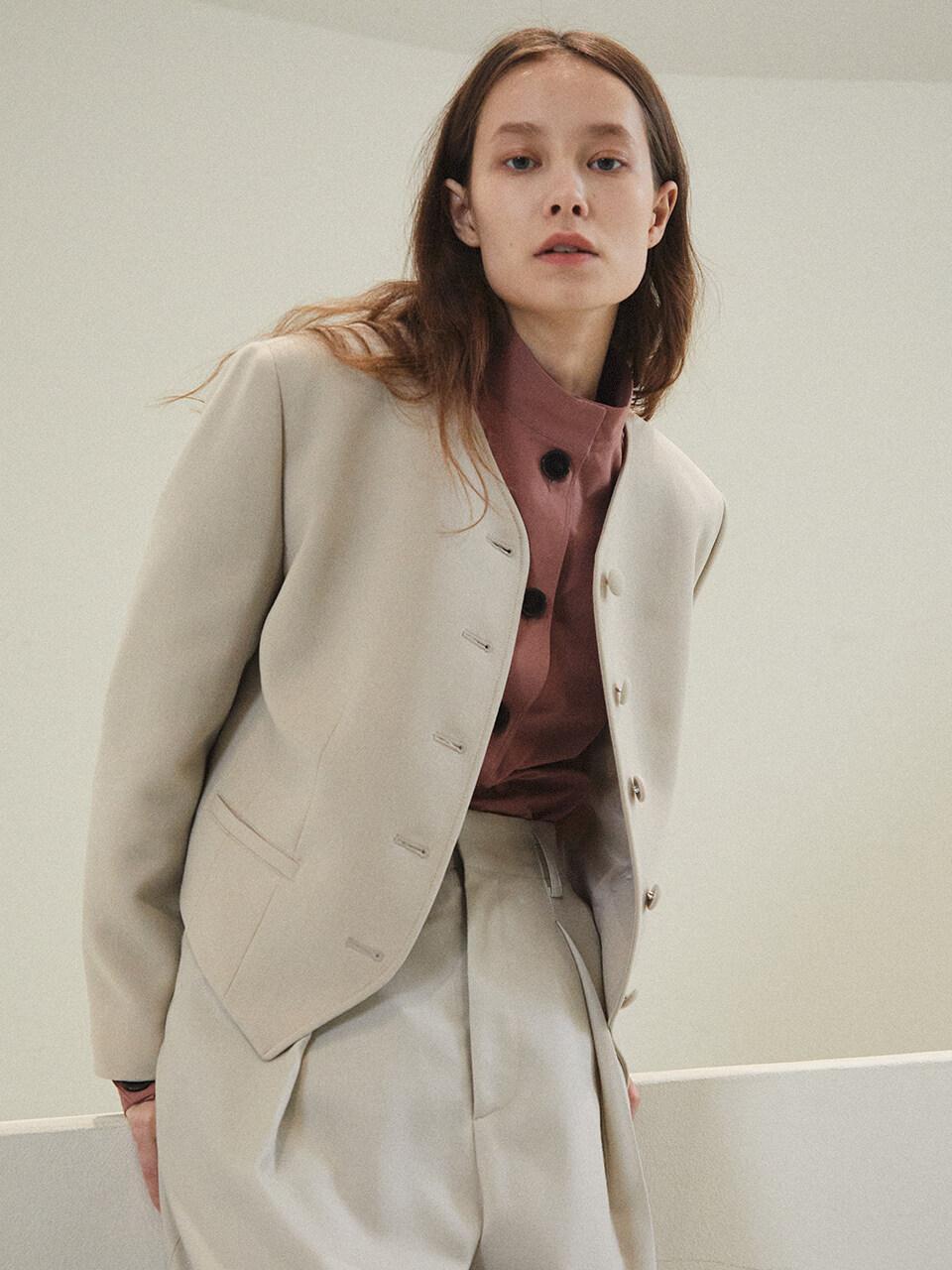 No Collar Wool Jacket_Khaki Beige