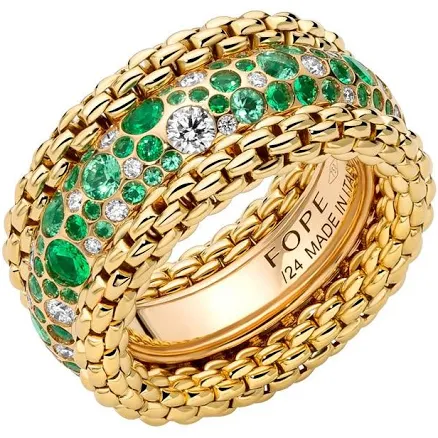 FOPE BUBBLE 18K Gold Flex'it Ring with White Diamonds and Emeralds
