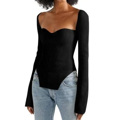 Women's Sweetheart Neckline Ribbed Knit Sweater