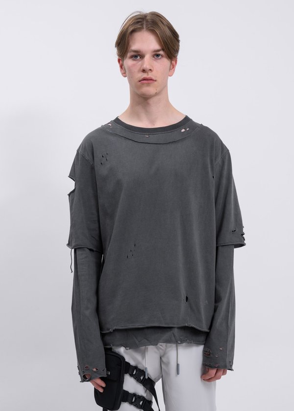 C2H4 Distressed Double Layer Long Sleeves T-Shirt