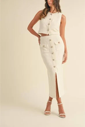 Pippa & Pearl Women's Jackie Tweed Bling Button Crop Top & Midi Skirt