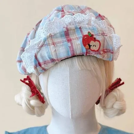 Apple Embroidery Applique Plaid Beret