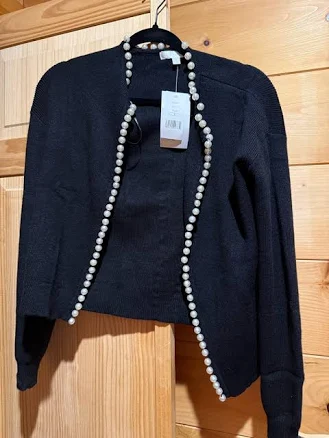 Women's Long Sleeve Round Neck Open Front Knit Cardigan with Pearl Trim