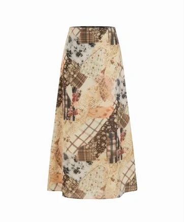 Patchwork Print Mid Rise Flared Maxi Skirt