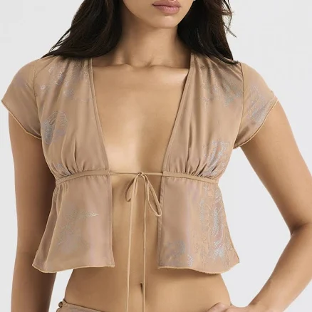 'Maia' Shimmer Cafe Au Lait Tie Front Top