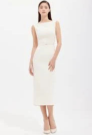Crepe Boat Neckline Sleeveless Slim Line Dress