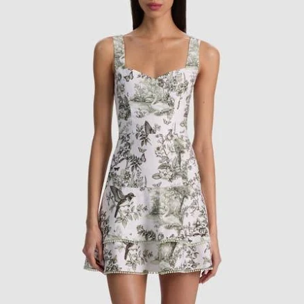 Alice+Olivia Miriam Sweetheart Neck Linen-Blend Mini Dress