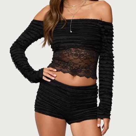 Tauri Lacey Ruffled Off-Shoulder Top