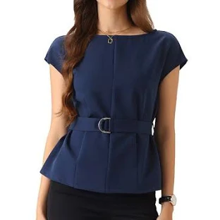 Cap Sleeve Dressy Top for Women's Boat Neck Office Work Belted Peplum Tops, Size: XS, Dark Blue