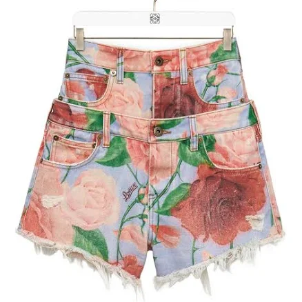 Loewe Roses Shorts In Denim-Women-Cotton