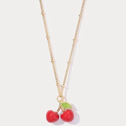 18K Gold Enamel Fruit Cherry Pendant Necklace