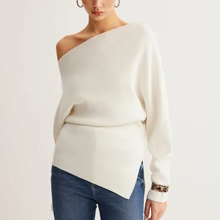 Wool-Blend Asymmetrical Neck Knit Top