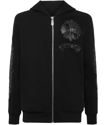 PHILIPP PLEIN Zip Hoodie with Leather Inserts Chrome Crest