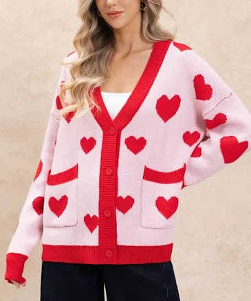 Oversized Heart Motif Patch Pocket Cardigan