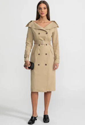 Off-Shoulder Double-Breasted Trench Coat Dress with Belted Waist