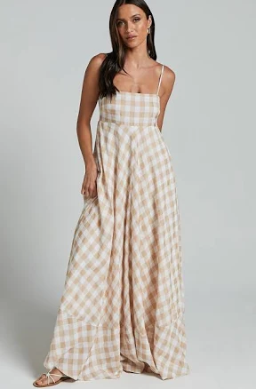 Katrien Strappy Empire Waist Check Maxi Dress