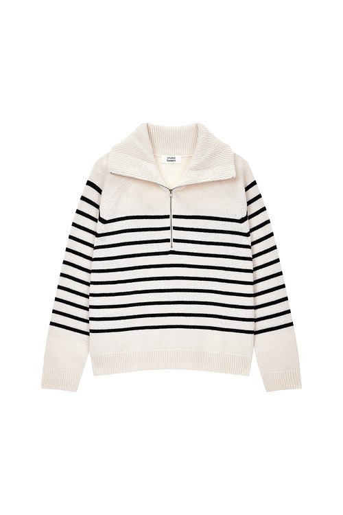 High-neck Zip-up Striped Pullover