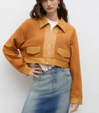 CIDER Women's Suede Collar Zip Through Crop Jacket