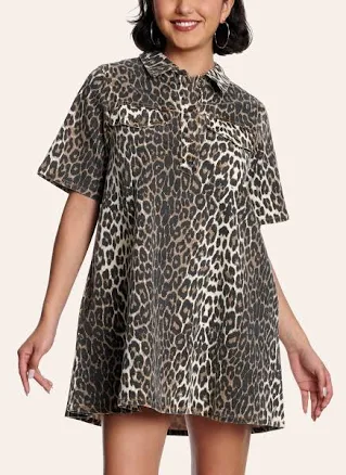 Blue B Women's Leopard Print Button Up Denim Dress