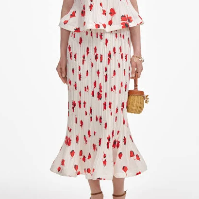 Self Portrait Floral Plisse Midi Skirt