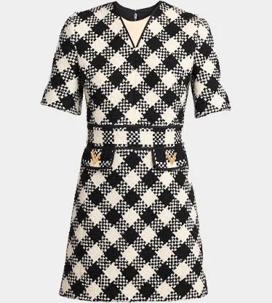 Valentino Garavani V-Logo Check Tweed Short-Sleeve Mini Dress, White/Black, Women's, 4, Casual & Work Dresses Tweed Dresses