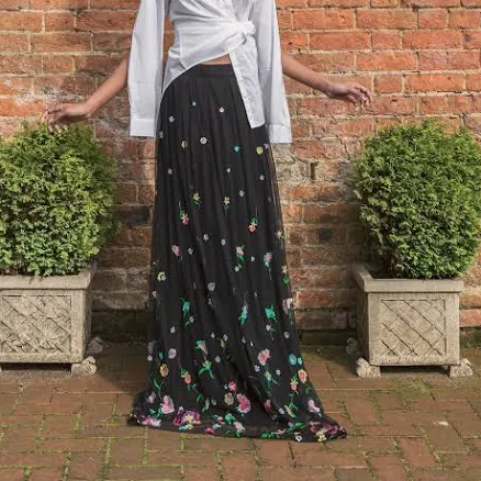 Embroidered Tulle Mesh Maxi Skirt