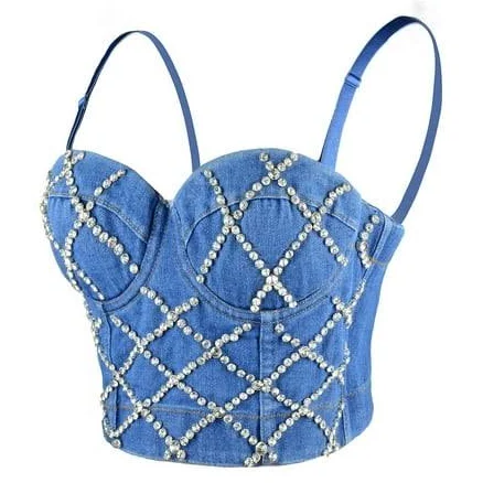 Ellacci Women's Criss Cross Rhinestone Denim Bustier Corset Bra