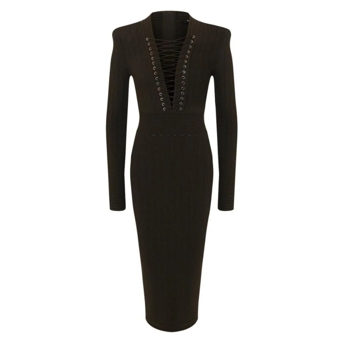 Balmain Lace-up Long Sleeve Midi Sweater Dress