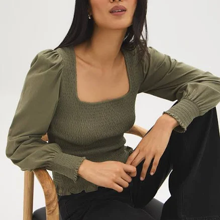Suzy Shier Cotton Square Neck Smocked Top