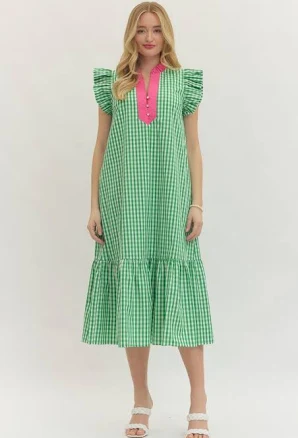 The Flamingo Ranch Flutter Sleeve Gingham Midi Dress
