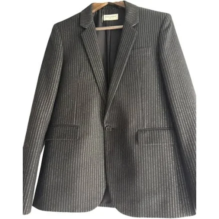 Saint Laurent Men's Wool Suit Black Metallic Pinstripe Size 46 IT