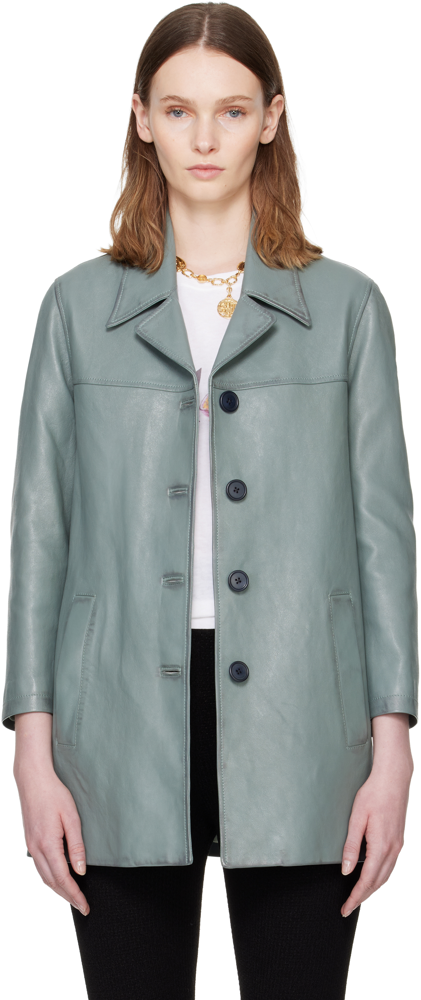 Blue Single-Breasted Long Leather Jacket