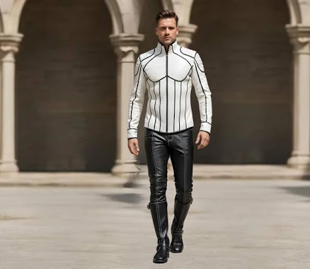 White & Black Genuine Leather Biker Outfit, Handmade Jacket, Pants and Boots