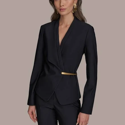 Donna Karan Women's Collarless Wrap Jacket with Gold Bar Hardware